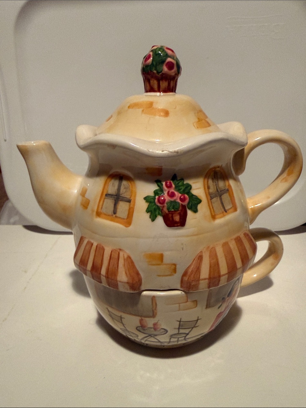 Cream Ceramic Cottage Teapot Set with Pink Floral Accent